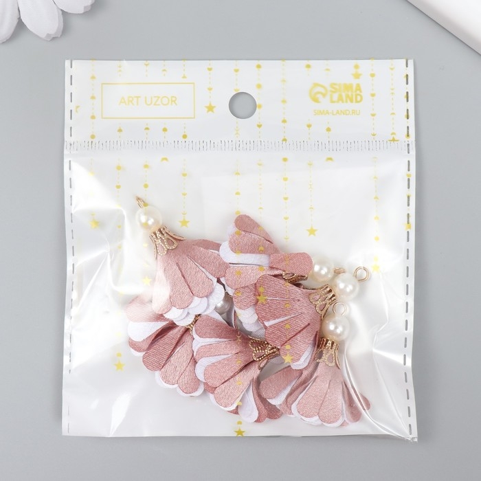 Декор текстиль "Цветок 2 цвета с жемчужиной. Пыльная роза и белый" набор 6 шт 3 см