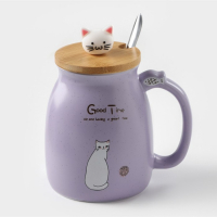 Кружка керамическая с деревянной крышкой и ложкой &laquo;Котик&raquo;, 500 мл, цвет и рисунок МИКС