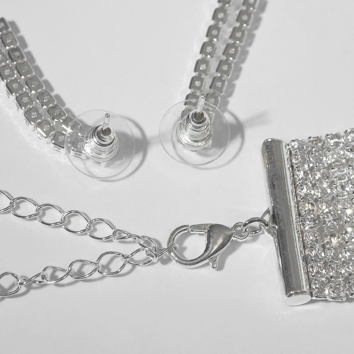Набор 2 предмета: серьги, колье 12 рядов &laquo;Водопады&raquo;, цвет белый в серебре, 52 см
