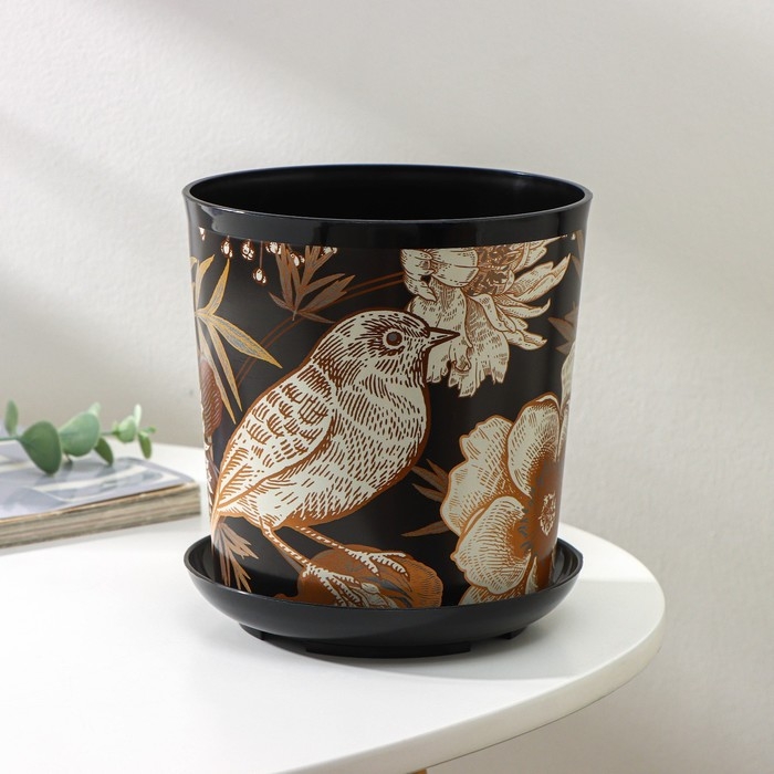 Горшок для цветов с поддоном Доляна &laquo;Голди.Птицы&raquo;, 1,6 л, d=14 см, h=15,5 см, цвет чёрный