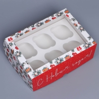 Коробка складная на 6 капкейков с окном &laquo;Хугге&raquo;, 25 х 17 х 10 см, Новый год