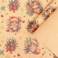 Бумага упаковочная новогодняя &laquo;Котик&raquo;, бурый крафт, 80 г/м&sup2; , 50&times;70 см