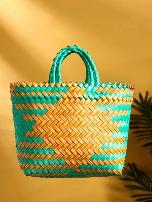 Сумка плетёная пластиковая 20х10х30 см, цв. бирюзовый-жёлтый