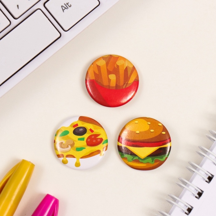 Значки закатные набор 3 шт d=25 мм "Фастфуд" 7х7 см