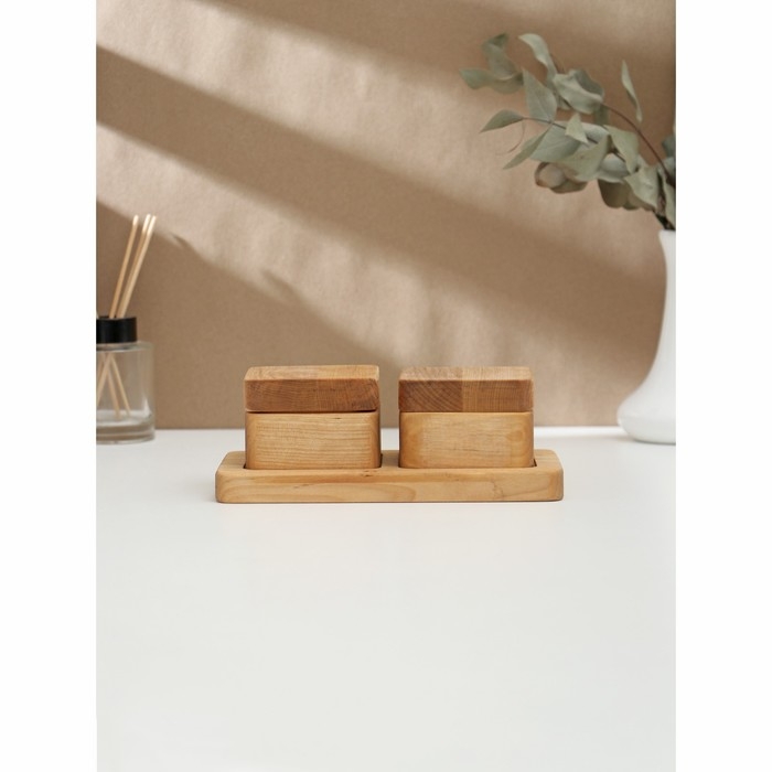 Набор для специй Adelica, 2 банки с крышкой на деревянной подставке, пропитано маслом, 20&times;10&times;1,8 см, берёза