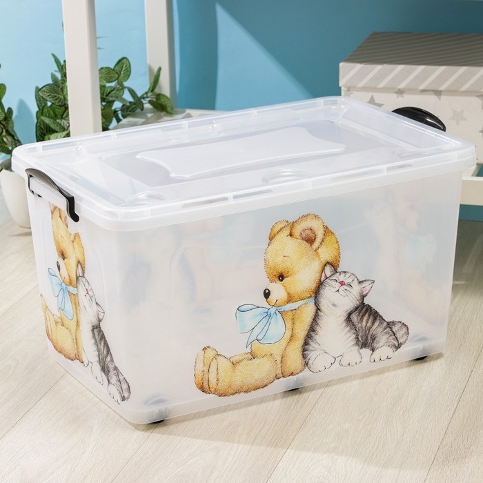 Контейнер для хранения на колёсиках &laquo;Мишка и котёнок&raquo;, 50 л, 60&times;38&times;31 см, прозрачный