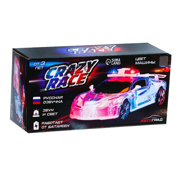 Машина &laquo;Crazy race. Полиция&raquo;, русская озвучка, световые и звуковые эффекты, работает от батареек, цвет серый