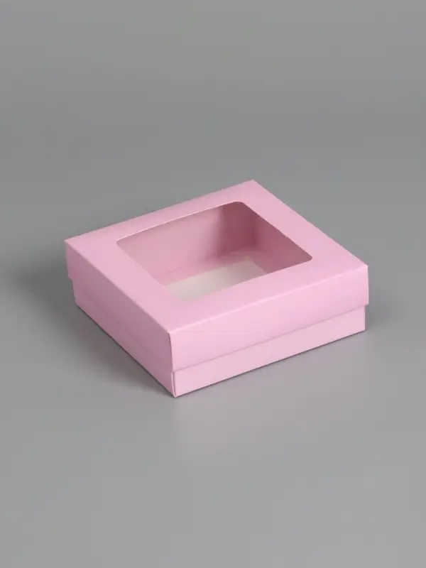 Коробка складная, крышка-дно,с окном, розовая, 15 х 15 х 5 см