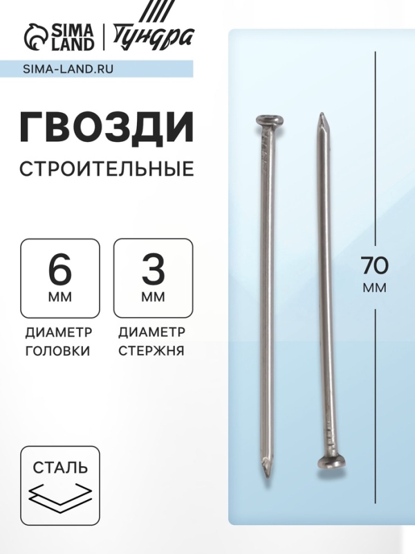 Гвозди ТУНДРА, строительные, ГОСТ 4028-63, без покрытия, 3&times;70 мм, 5 кг