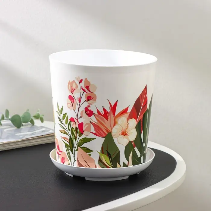 Горшок для цветов с поддоном Доляна &laquo;Тропический лес&raquo;, 1,6 л, d=14 см, h=15,5 см, цвет белый