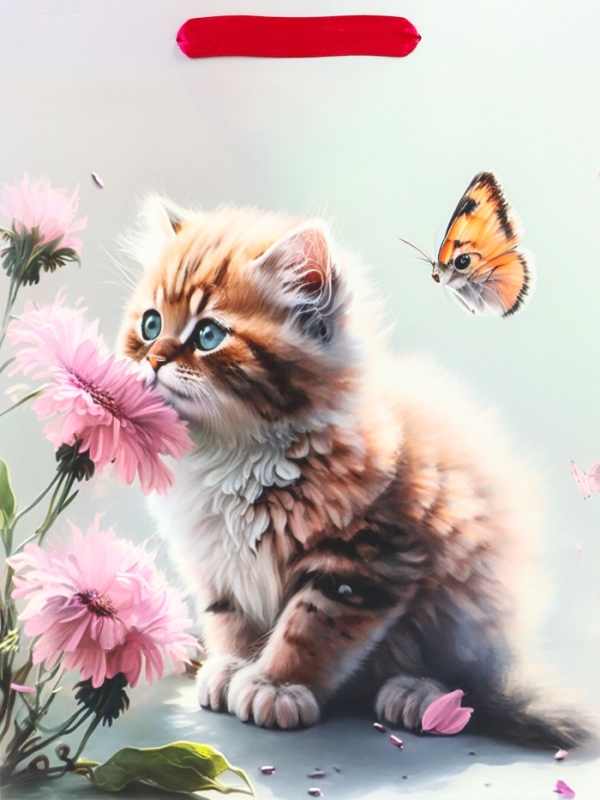 Пакет подарочный ламинированный вертикальный &laquo;Котик и цветок&raquo;, M 26 &times; 32 &times; 12 см