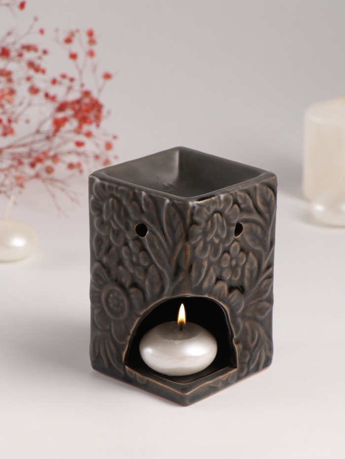 Аромалампа керамика "Цветочный букет" тёмно-оливковая 7,7х7,7х12 см