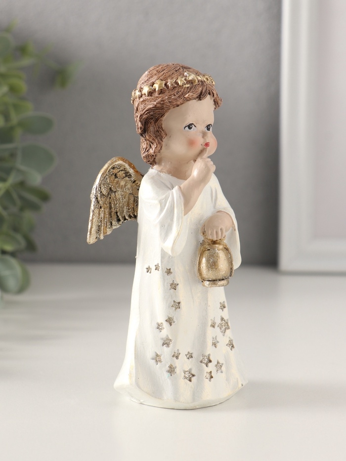 Сувенир полистоун "Ангелочек в платье со звёздами, с фонарём 7х5х13 см
