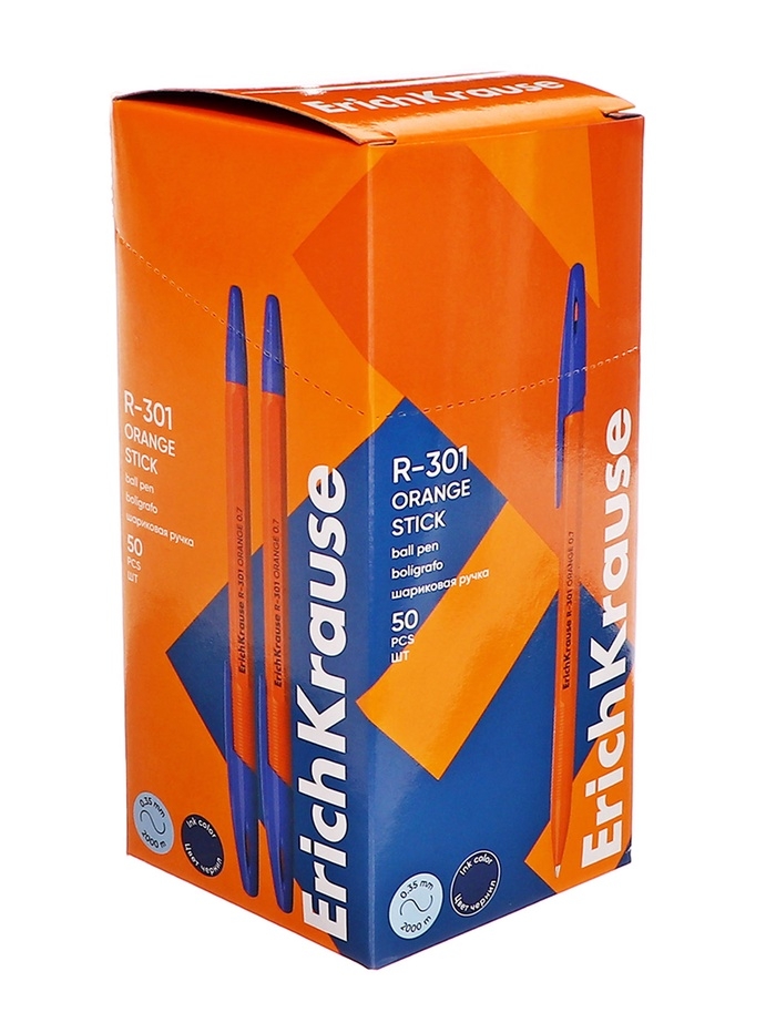 Ручка шариковая ErichKrause R-301 Orange Stick, узел 0.7 мм, чернила синие, длина линии письма 2000 метров, штрихкод на ручке