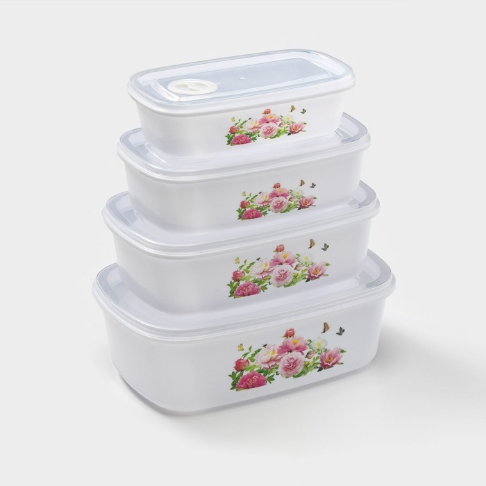 Набор ланч-боксов пластиковых &laquo;Розы&raquo;, 4 шт: 400 мл, 650 мл, 1 л, 1,5 л, цвет белый