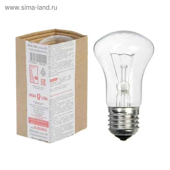Лампа накаливания "Лисма", Б, Е27, 95 Вт, 230 В