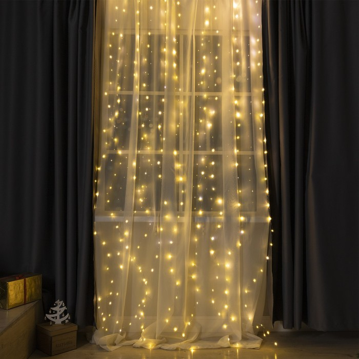 Гирлянда &laquo;Занавес&raquo; 2.8 &times; 3 м роса на крючках, IP20, серебристая нить, 300 LED, свечение тёплое белое, мерцание, USB