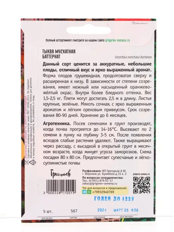 Семена Тыква Баттернат мускатная   5шт.  12.29 г.