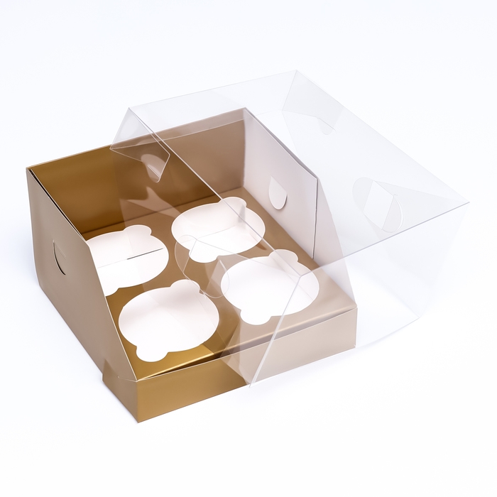 Коробка для 4 капкейков 16 х 16 х 10 , Золотая