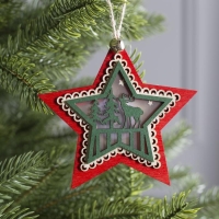 Ёлочная игрушка &laquo;Красная звезда с оленем&raquo;, от батареек, свечение тёплое белое