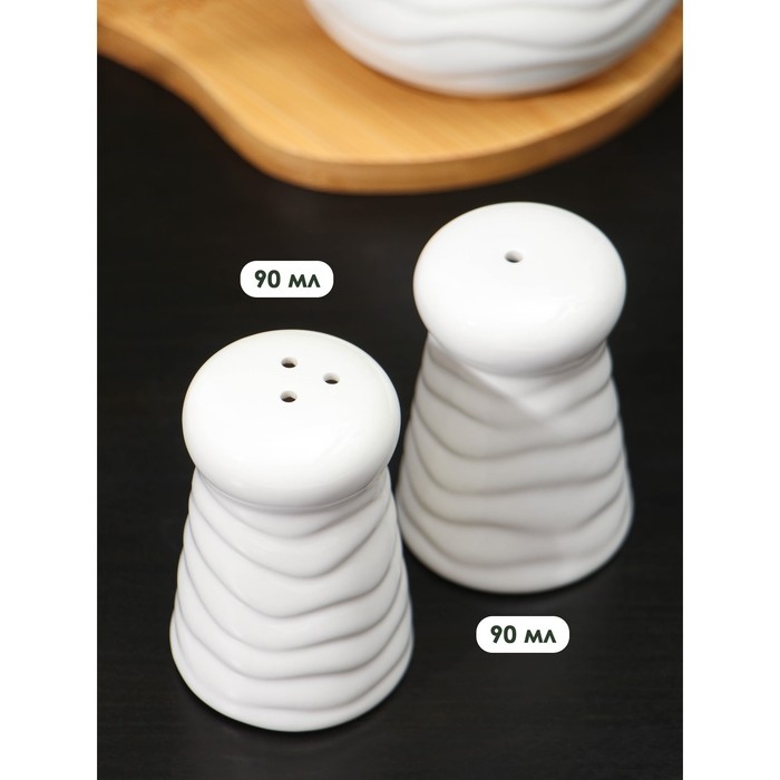 Набор для специй на деревянной подставке BellaTenero, 4 предмета: солонка 70 мл, перечница 70 мл, сахарница 250 мл, салфетница, цвет белый