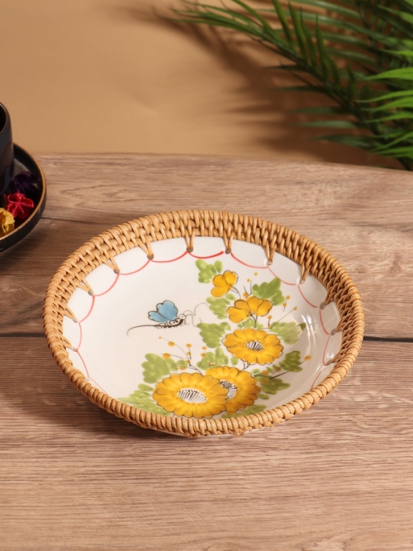 Тарелка керамическая с ротангом 22х22х4,7 см, МИКС
