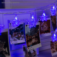 Гирлянда &laquo;Нить&raquo; 4.5 м с насадками &laquo;Прищепки-звёзды&raquo;, IP20, прозрачная нить, 20 LED, свечение синее, 220 В