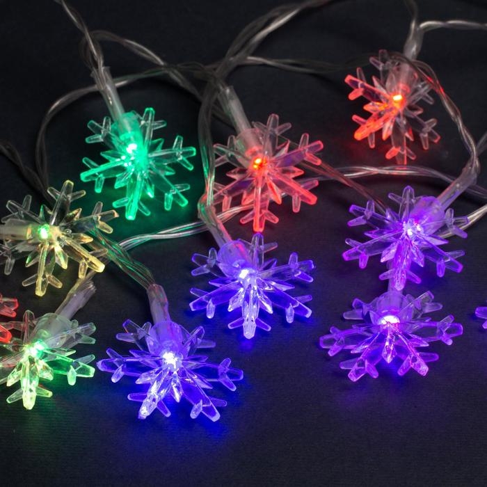 Гирлянда &laquo;Нить&raquo; 3 м с насадками &laquo;Снежинки большие&raquo;, IP20, прозрачная нить, 20 LED, батарейки AAх3 (нет в комплекте), свечение мульти
