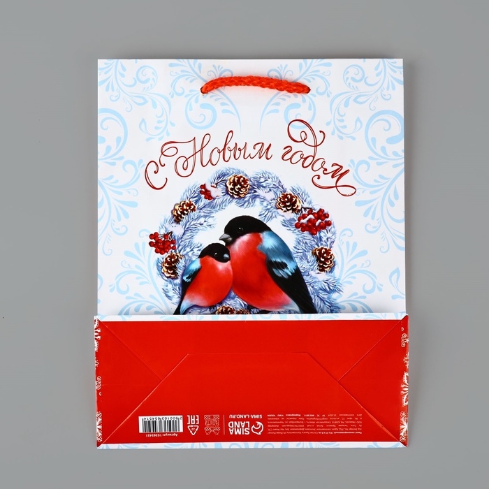 Пакет подарочный новогодний ламинированный &laquo;С Новым годом&raquo;, снегири, MS 18 х 23 х 8 см, Новый год