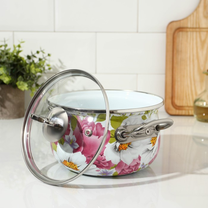 Кастрюля эмалированная &laquo;Пион&raquo;, 2.1 л, стеклянная крышка, индукция