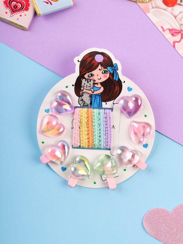 Набор для волос "Аделия" (10 резинок 3 см, 4 зажима 3 см) сердце, розовый