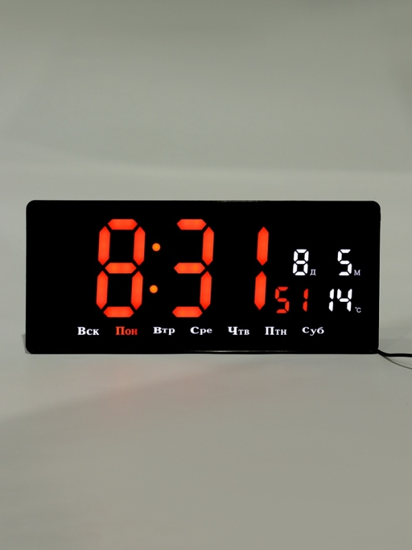 Часы электронные настенные, календарь термометр, 36.2 х 15.5 см, красные цифры 10 х 4.5 см   1076627