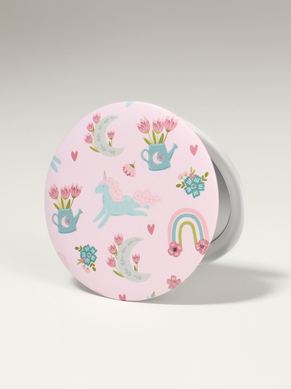 Зеркало складное &laquo;Единороги&raquo;, d = 7,3 см, с увеличением, цвет розовый