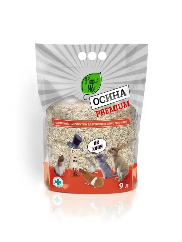 Наполнитель для грызунов, птиц, рептилий осиновый премиум "Зверьё Моё" 1,8кг