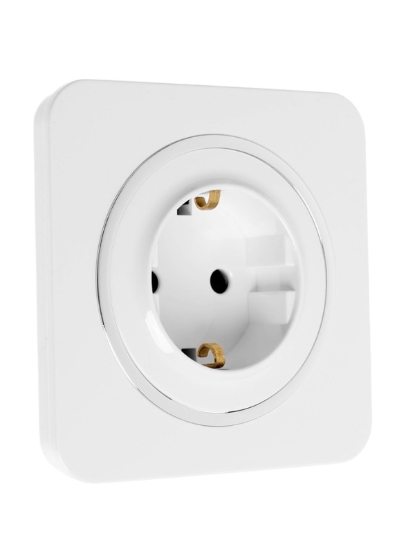 Розетка одноместная, серия "Circular", 16 А, скрытая, с з/к, белая, серебристая рамка