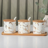 Набор банок керамических с ложками на деревянной подставке &laquo;Эстет. Gold&raquo;, 3 предмета: 300 мл, цвет белый