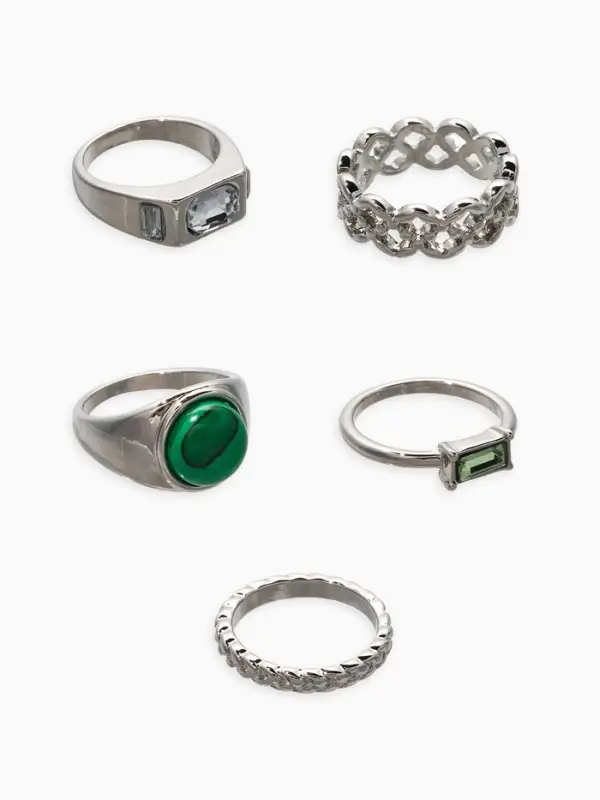 Набор колец 5 шт "Новый стиль" малахит, размер МИКС, цвет изумрудный в серебре