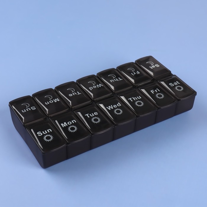 Таблетница - органайзер &laquo;Неделька&raquo;, со съёмными ячейками, английские буквы, утро/вечер, 7 контейнеров по 2 ячейки, цвет чёрный