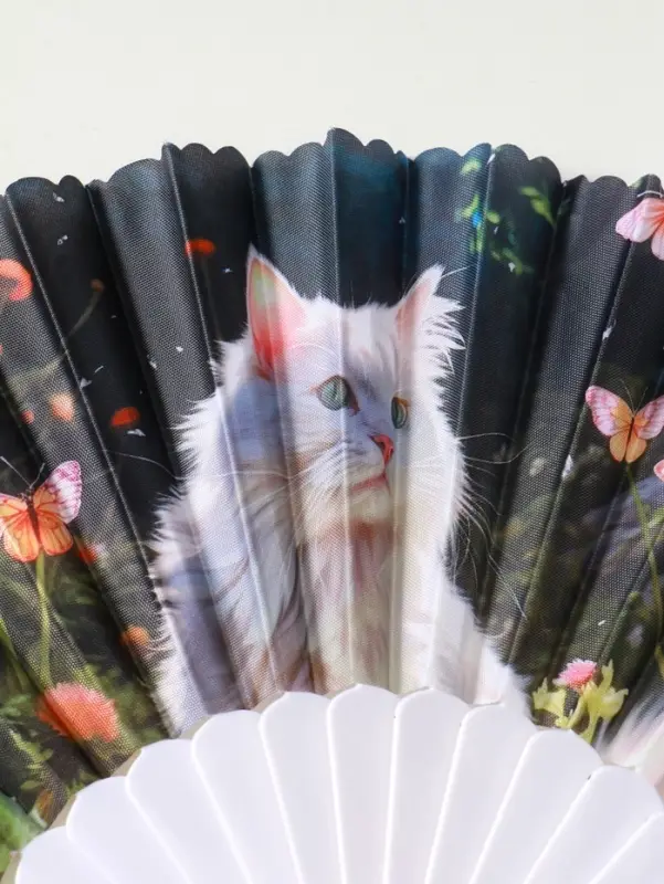 Веер пластик, текстиль "Кошечки и цветы" МИКС широкие лопасти 23 см
