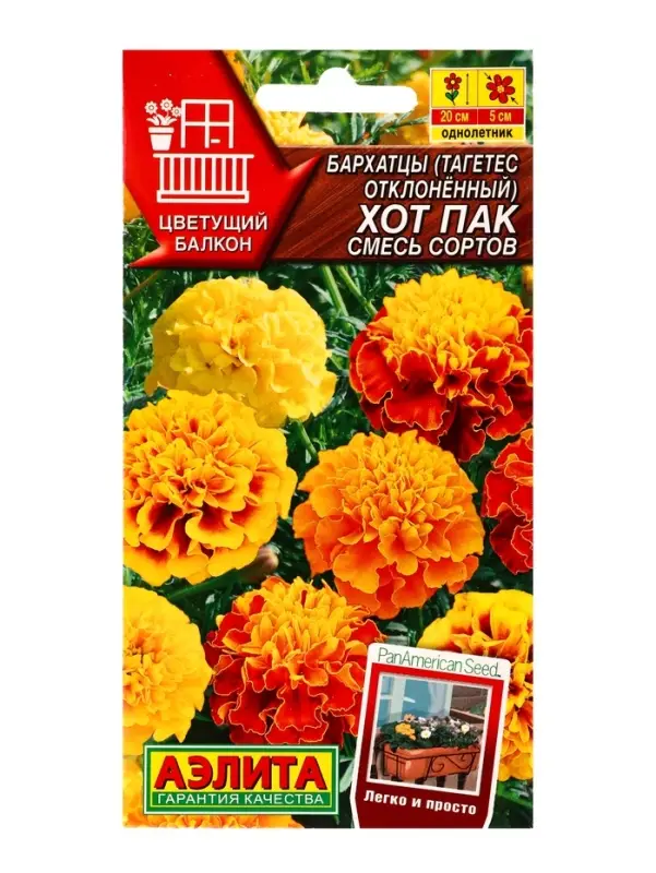 Семена цветов Бархатцы Хот пак, смесь сортов  Цветущий балкон, Ц/П,5 шт.