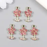 Декор для творчества металл, стразы "Цветочек розовый с листиками" золото 1,1х2 см