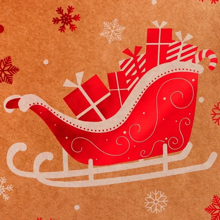 Пакет крафт с тиснением, круглая ручка, &laquo;Новогдние сани&raquo; 21&times;27&times;11 см, 120 г