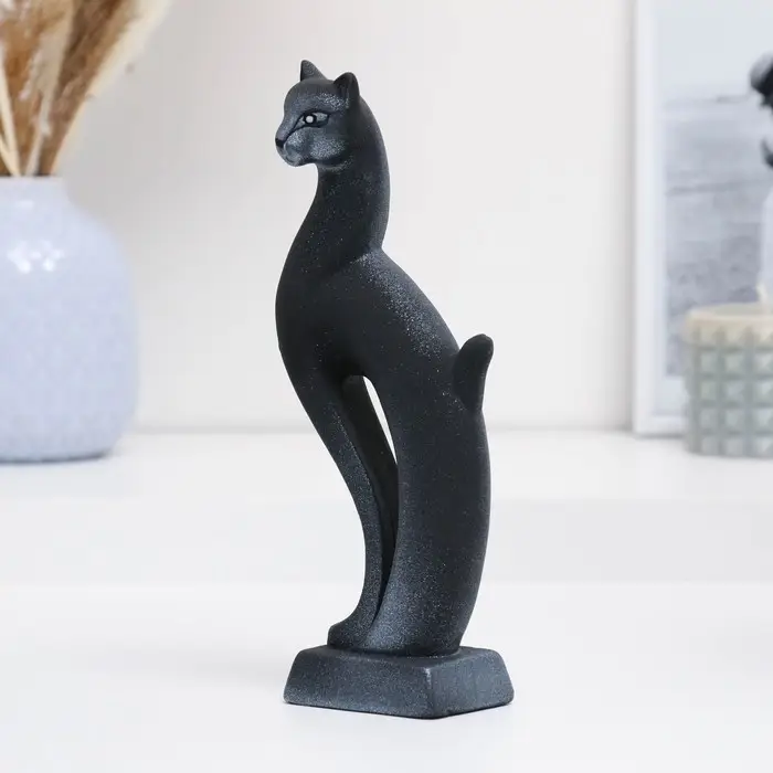 Фигура "Кошка Рысь" чёрная с серебром 7х5х21см