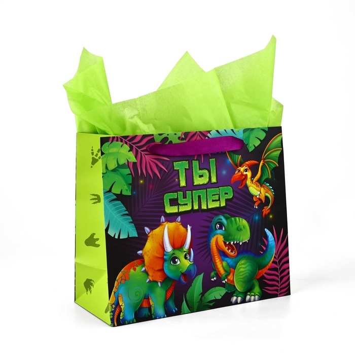 Пакет ламинированный двухсторонний &laquo;Динозаврики&raquo;, с тишью и открыткой, ML, 23 &times; 27 &times; 11,5