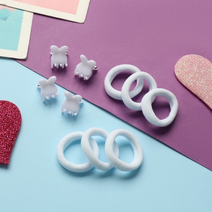 Набор для волос "Затейница" (12 резинок 2 см, 4 краба) ушки, белый