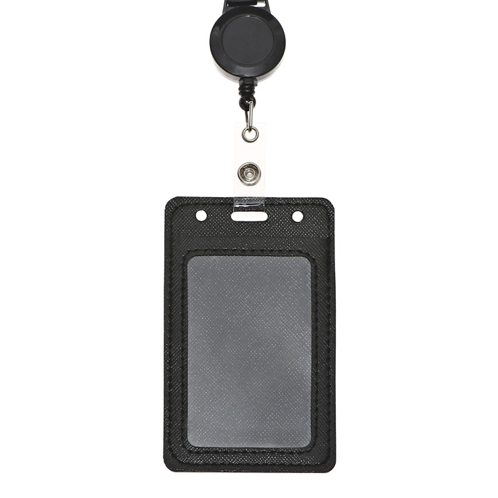 Бейдж-карман вертикальный кожзам, внешний 110x68мм, внутренний 85x54мм, лента 80x1,2см, чёрный.