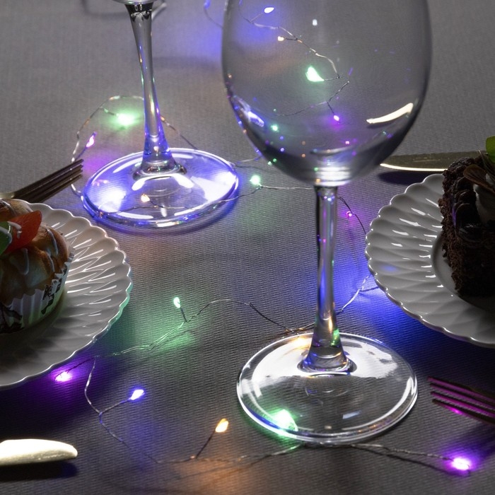 Гирлянда &laquo;Мишура&raquo; 1 м роса, IP20, серебристая нить, 20 LED, батарейки CR2032х2 (в комплекте), свечение мульти