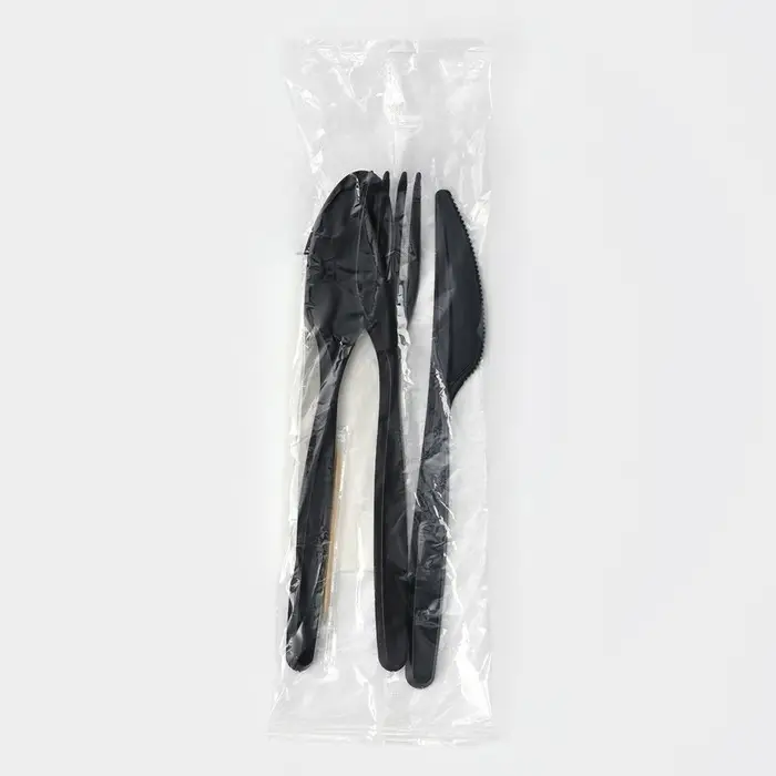 Набор пластиковых одноразовых столовых приборов &laquo;Элит&raquo;, 5 предметов: вилка, ложка, нож, зубочистка, салфетка, 18 см, чёрный