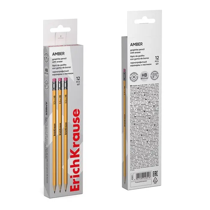 Карандаш чернографитный с ластиком, ErichKrause, Amber 101, НВ, дерево, шестигранный, в коробке, жёлтый корпус