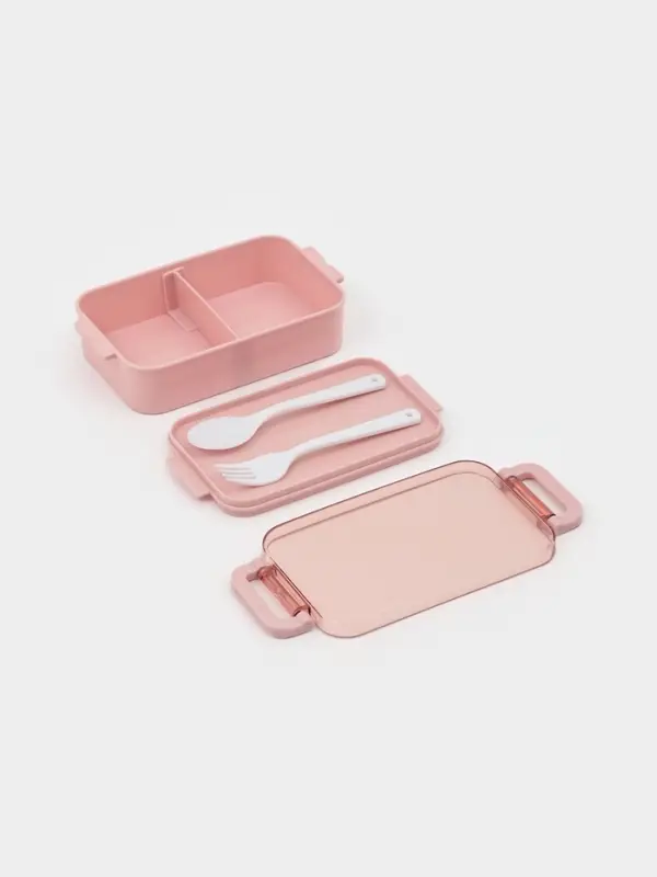 Ланч-бокс, 2 отделения, 2 яруса, с вилкой и ложкой, бутылкой 500мл,20х17х5,5 см,цвет розовый   10949